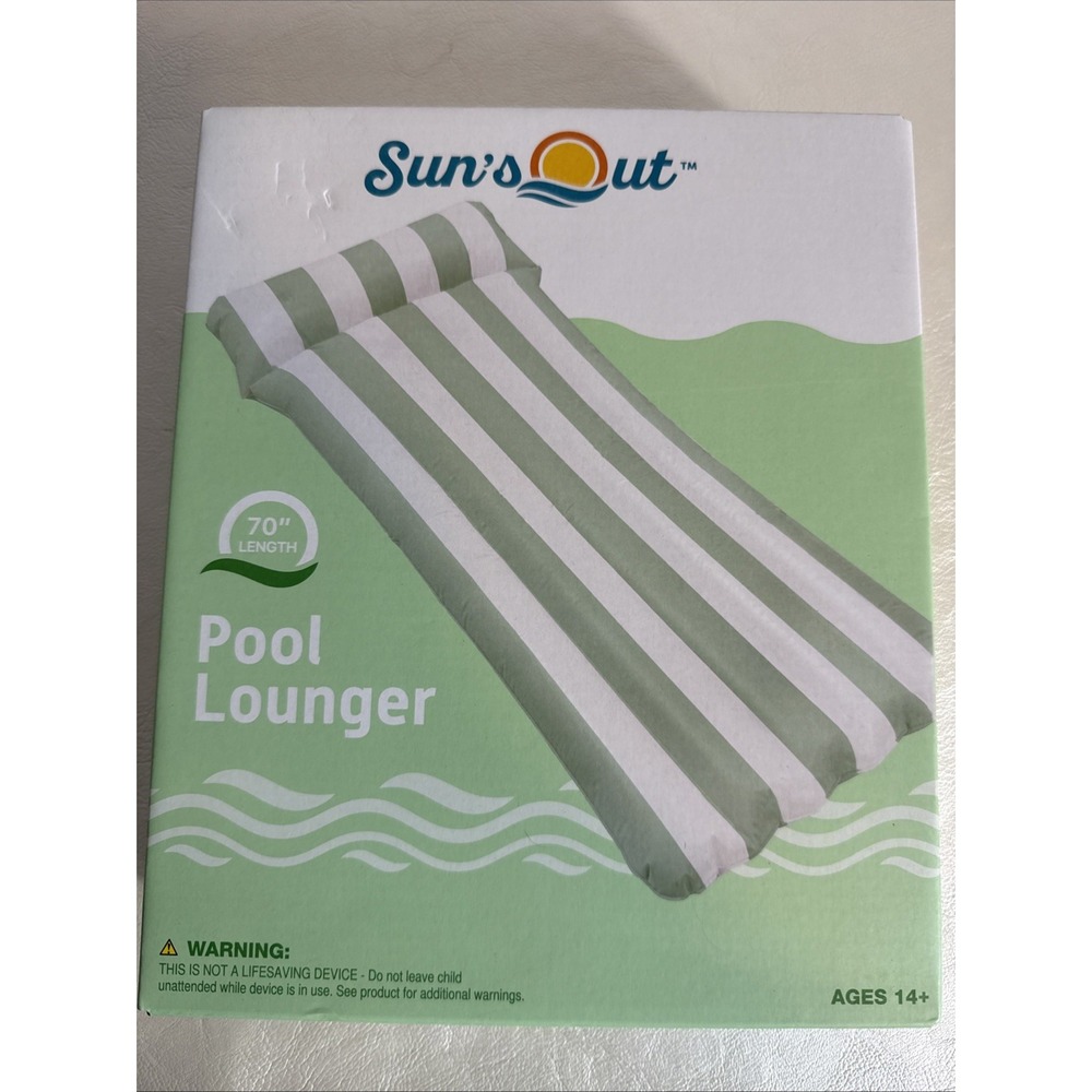 Sun's Out Pool Lounger. Inflatable Air Mattress. Adult Size. 70" Green Striped